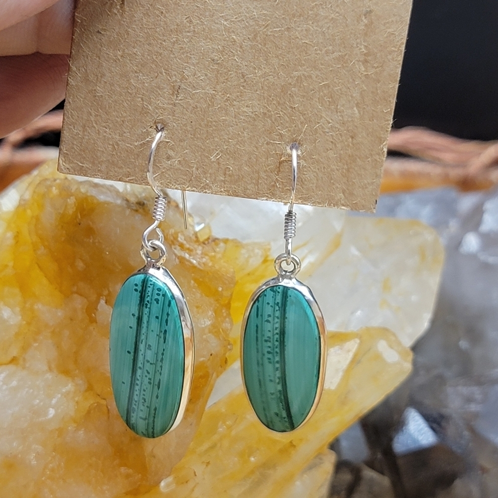NEW Unique Double Sided Malachite & .925 Sterling Silver Dangle Earrings Boho - Picture 4 of 11